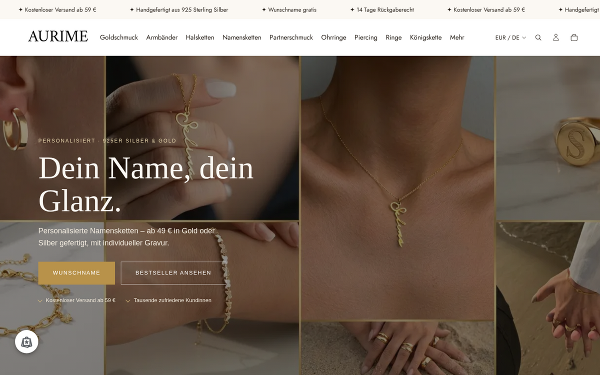 Website Screenshot: AURIME Jewelry – Schmuck & Accessoires