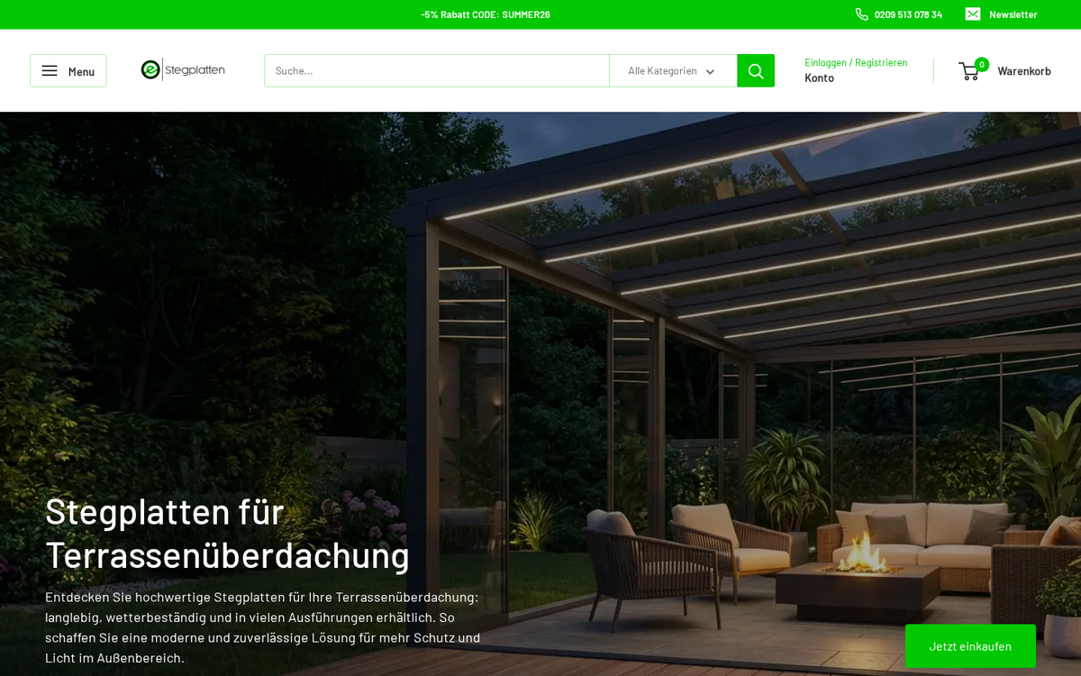 Website Screenshot: e-Stegplatten – Terrassenüberdachungen & Zubehör