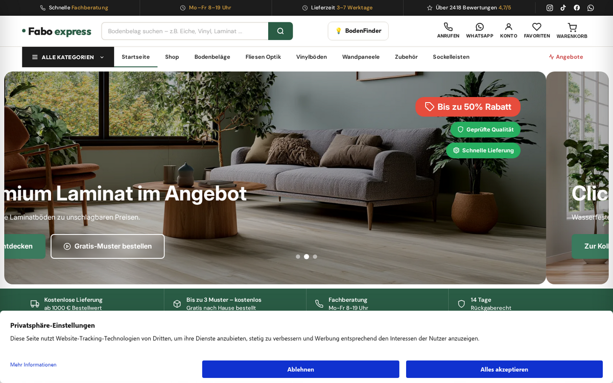 Website Screenshot: FaboExpress – Bodenbeläge & Baumaterialien